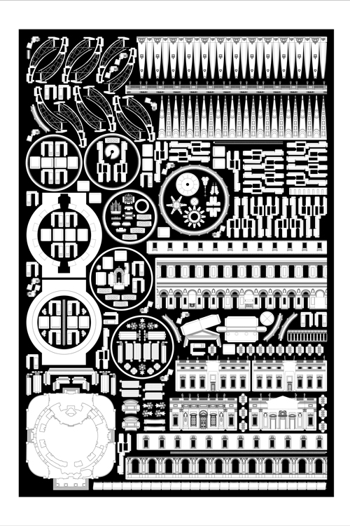An intricate black and white illustration with interlocking geometric shapes, resembling elements of an architectural plan.