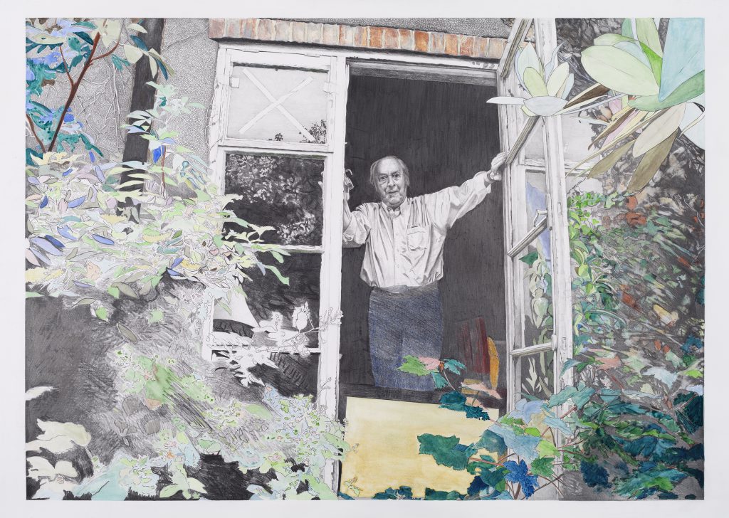 A drawing and watercolour showing a person standing at a door to a garden.