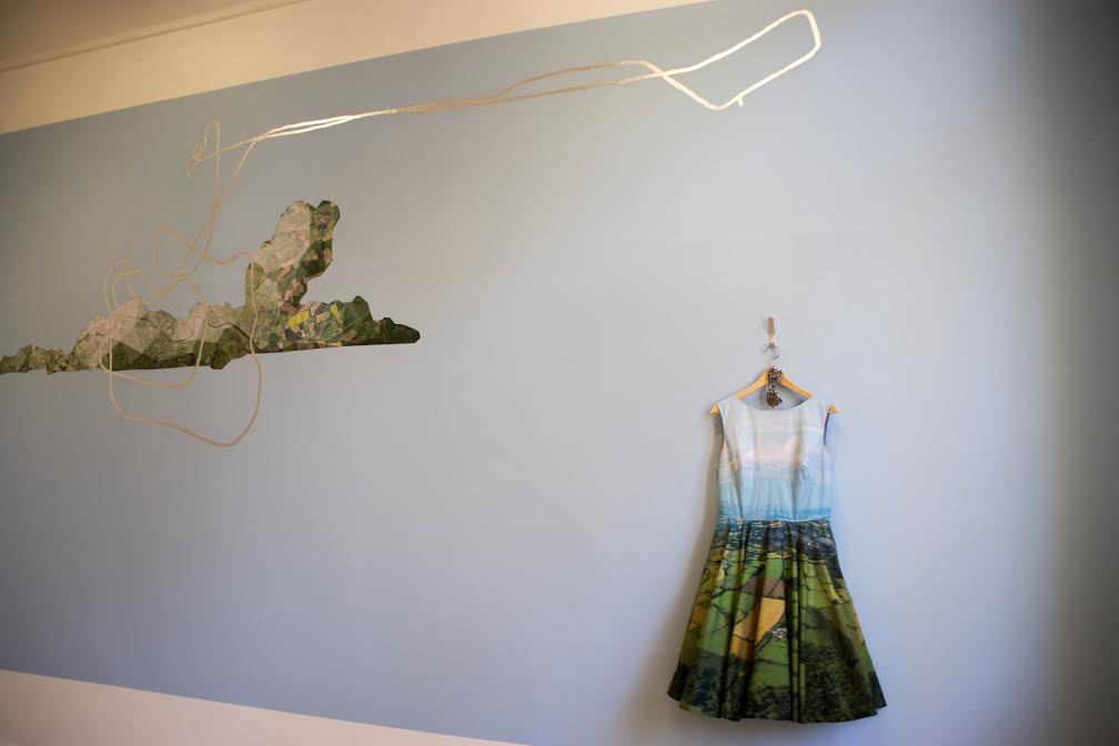 A white wall with a picture of a bird top left, and a dress with a landscape printed on at the bottom right.