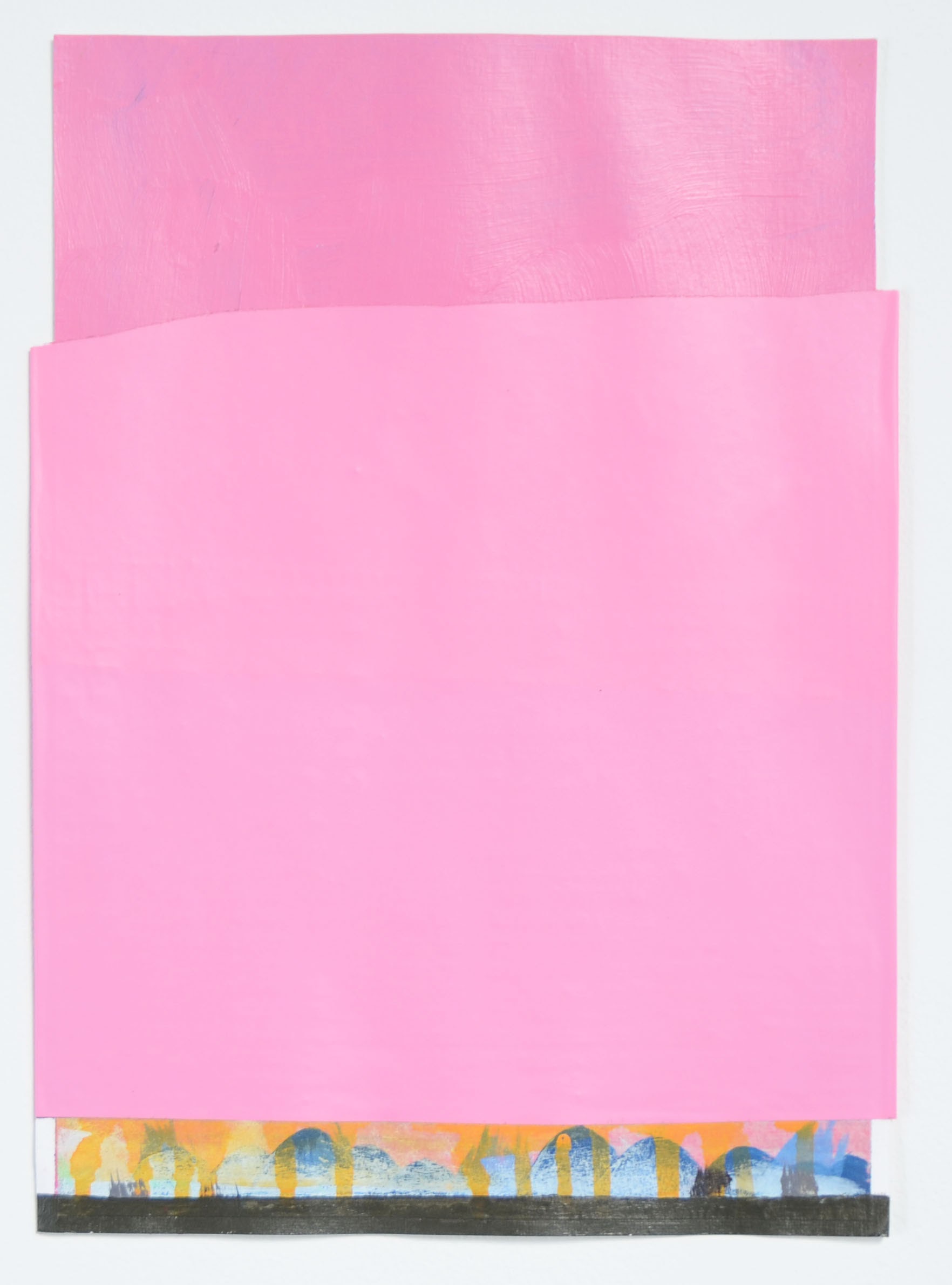 An abstract work made up mainly of two pink rectangles with a blue and yellow detail at the bottom edge.