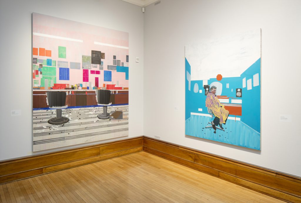 Two paintings hanging in a gallery. Both show scenes from a hairdressing salon.