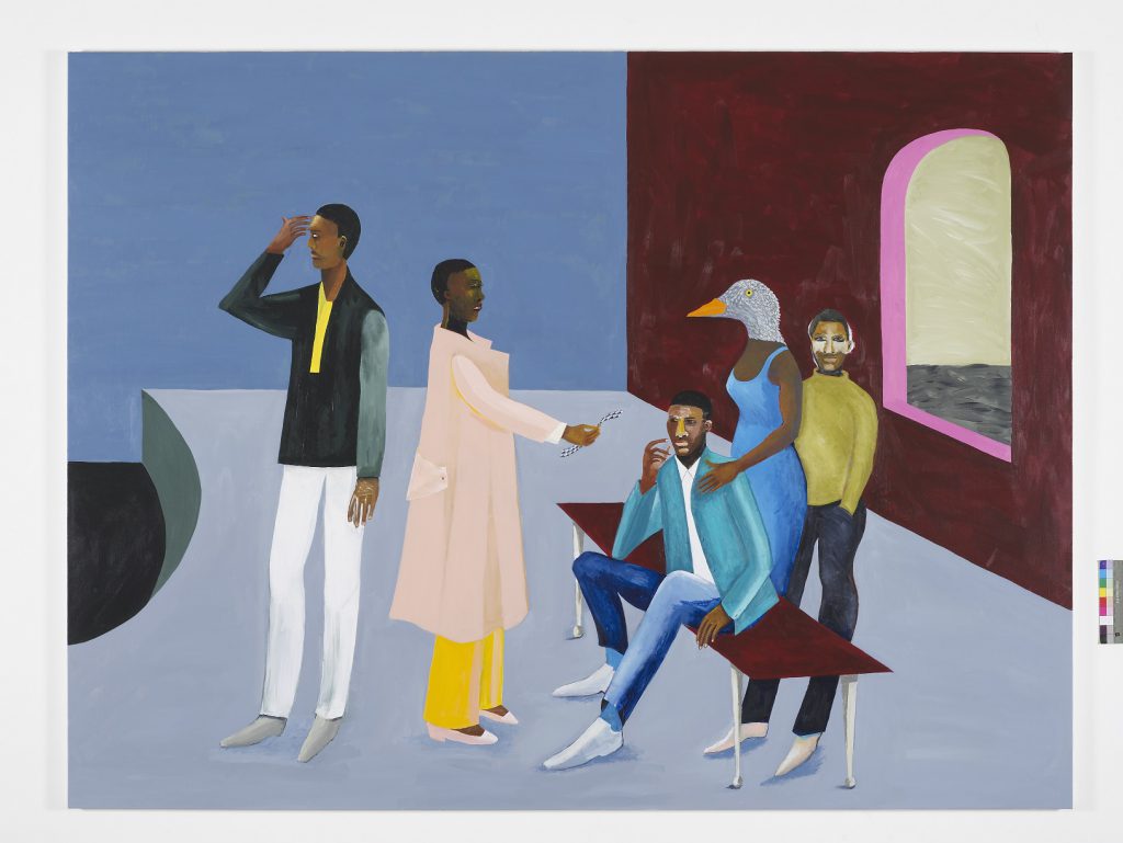 A colourful painting. It features a group of five black men and women in a blue and red room, with an arched window looking onto the sea. The characters interact at a bench, some seated and some standing. One woman has a goose head.