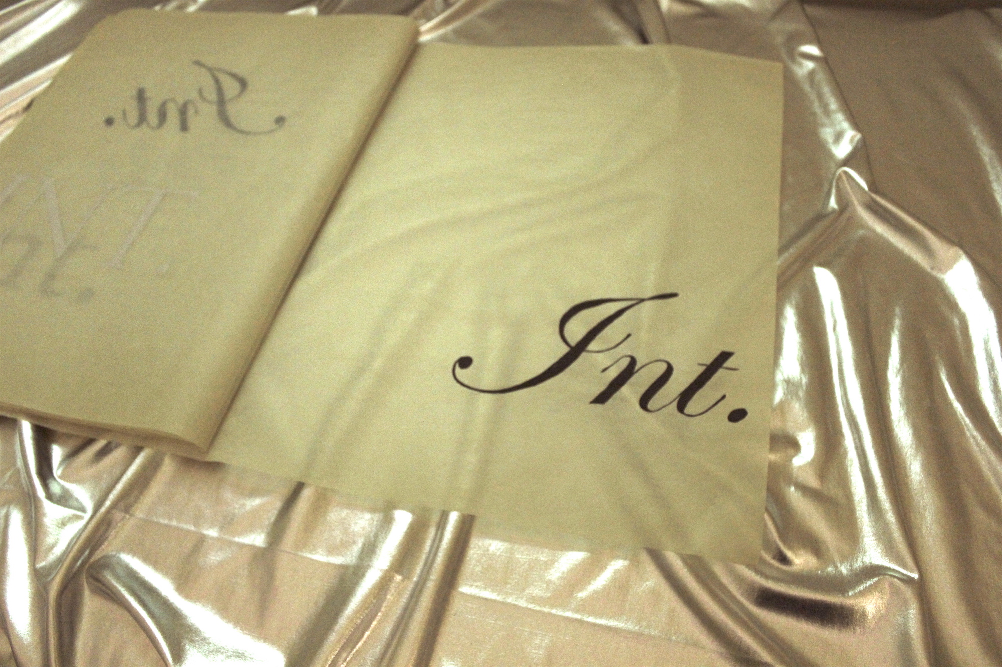 A large book with transparent pages resting on silver lame fabric. The page of the book that is open reads: 'Int.'