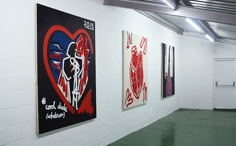 L-R: Cool Dude (Whatever), The Heart Is A Muscle, Ham-Fisted Heart On Sleeve, each 190x160cm, acrylic on canvas, Claire Dorsett, 2018. Photo: Lucy Ridges. STOCK gallery, The Talleyrand, Levenshulme, Manchester