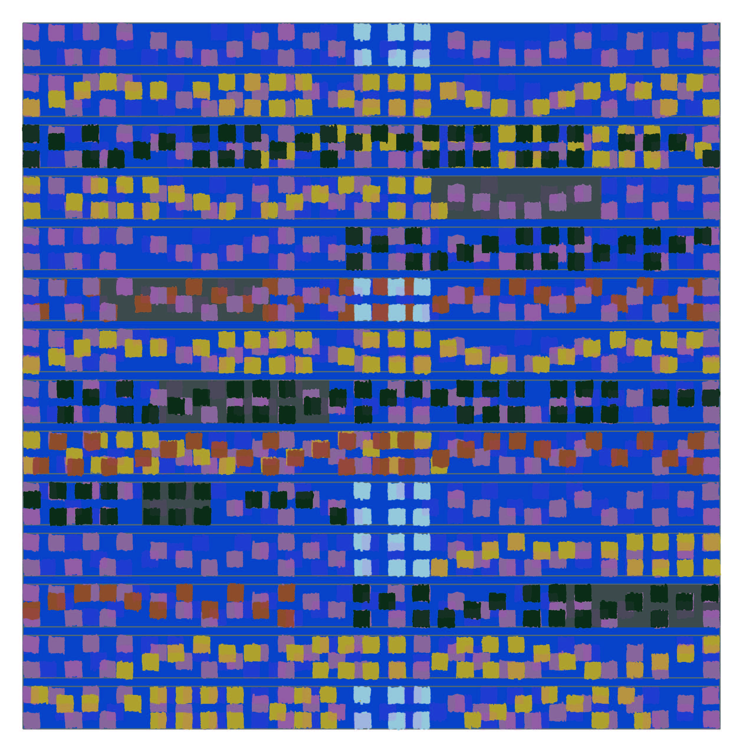 An abstract image made up out of hundreds of small squares. Like mosaic tiles or pixels. Mostly in shades of blue and black with a small pattern of light blue tiles running down the middle.