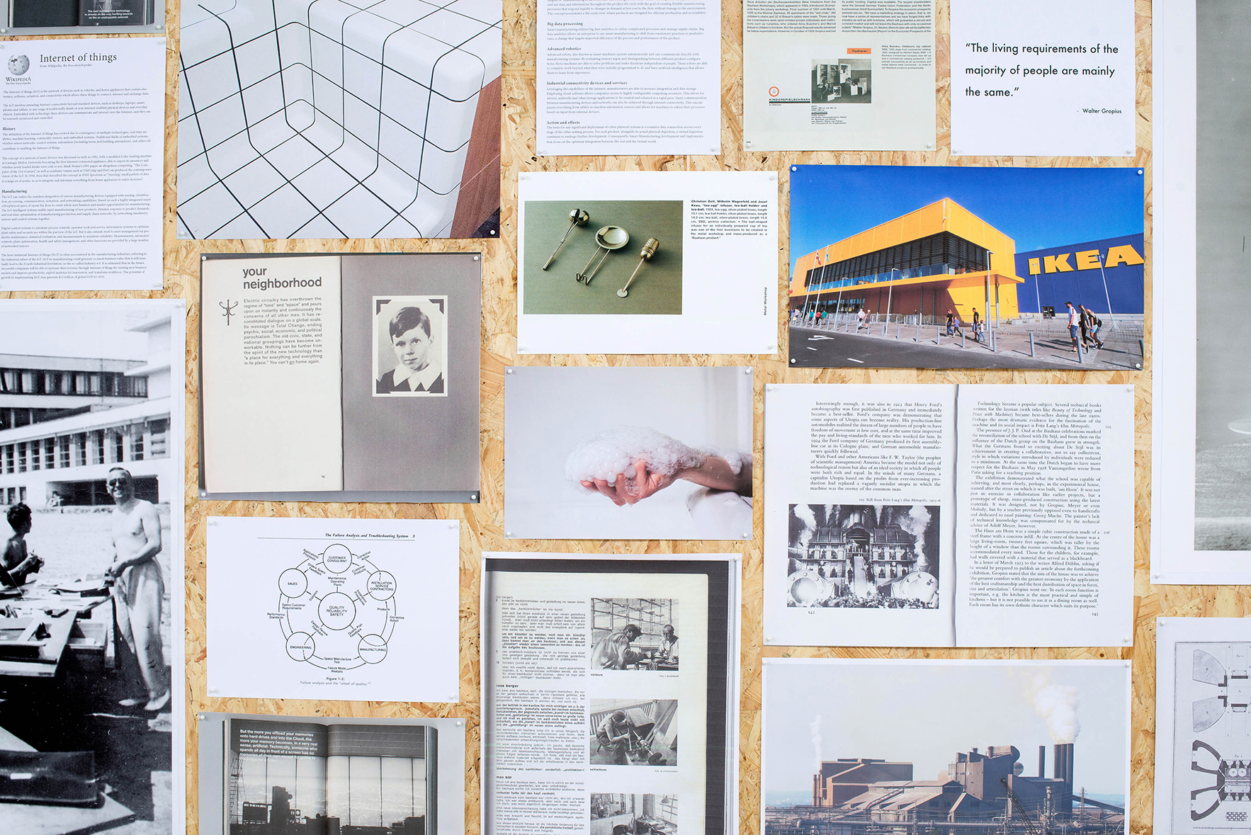 A collage of different printed materials. Some are pages from books, others photographs.
