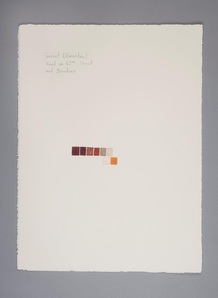 Some notes in pencil on paper about the stone garnet. Below are seven small rectangles of colour ranging from dark red to white.