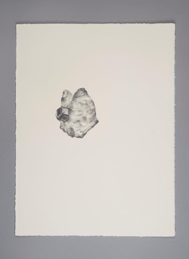 A black and white drawing showing an object that looks like a rock of mineral, with a small cube (perhaps a building) embedded into it.