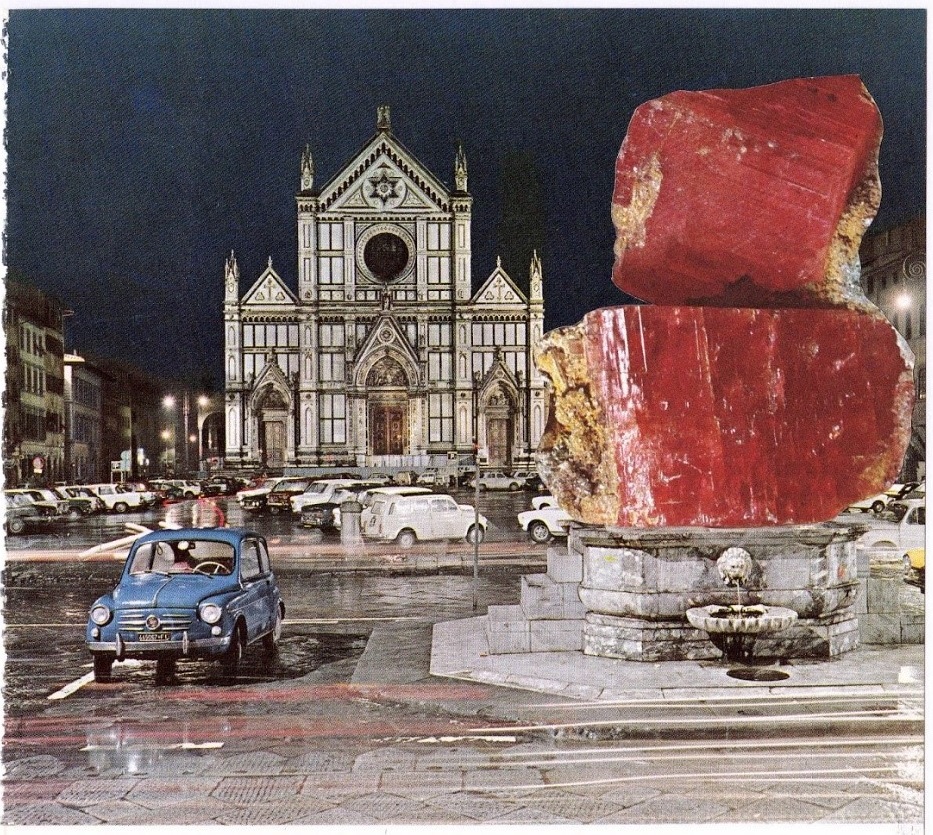 An image of a historic town square, with red gemstones collaged onto the central fountain.