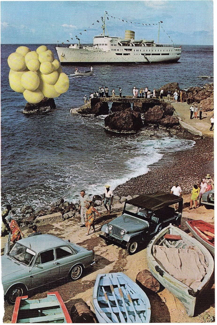An old photograph of a shoreline scene, with a ship docked close to the land. Bulbous shapes have been collaged onto the image.
