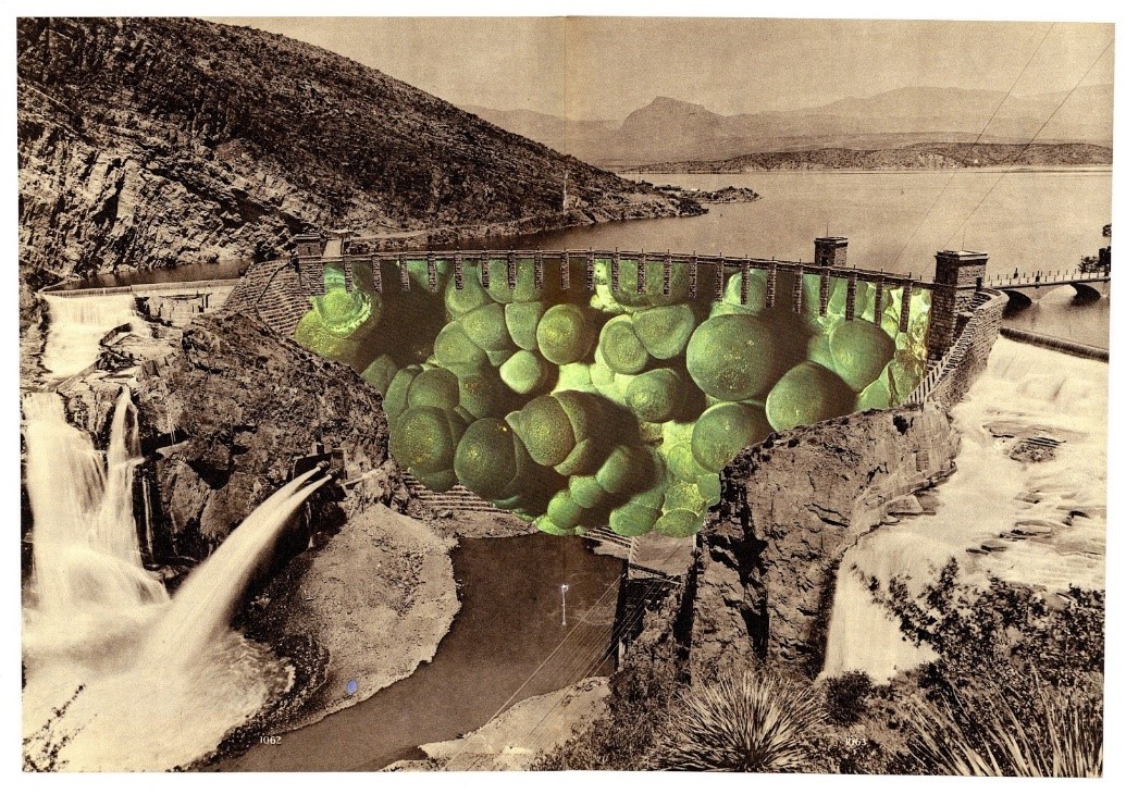 A sepia tone image of a dam, with round bulbous forms collaged onto where the water would normally flow down.