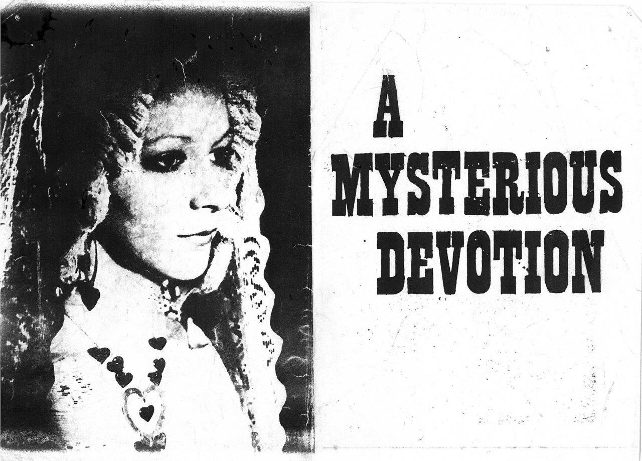 A film posted for 'A Mysterious Devotion' with the title and a portrait of a woman in black and white.