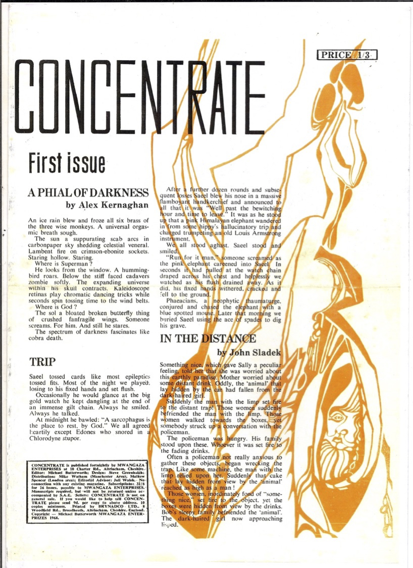 The cover of Concentrate, a broadsheet of art and writing. It has black text on a white background, with an orange illustration overlaid.