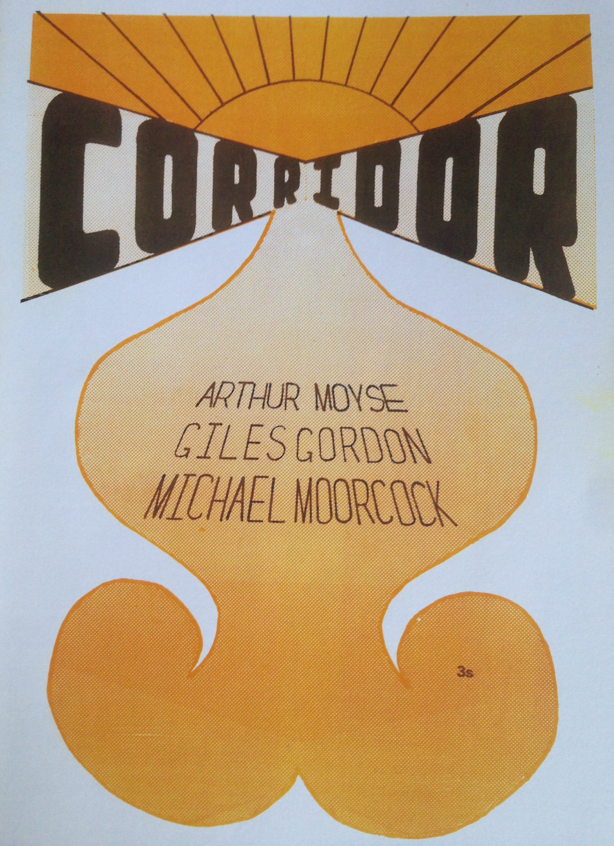 The cover of the first issue of Corridor. It features an illustration of an orange sun, rising or setting over the word 'CORRIDOR' in black. The names of contributors are featured in a swirling orange shape below.