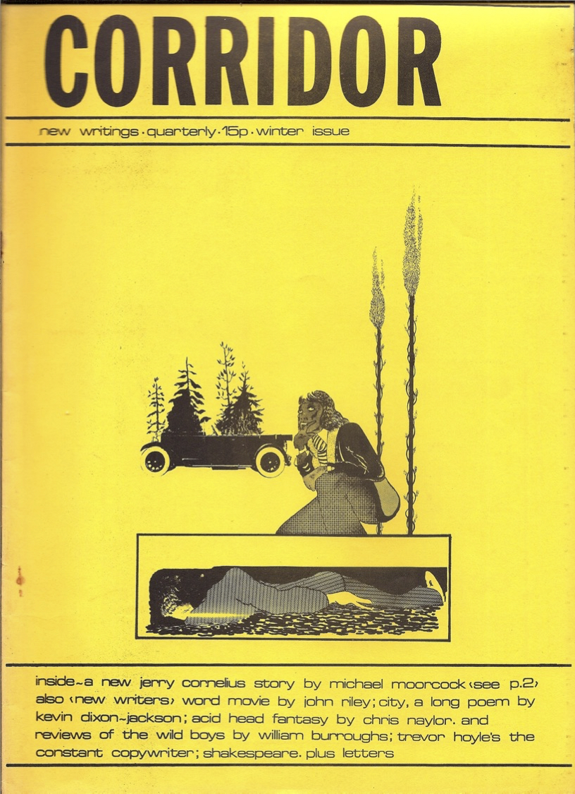 The fourth cover of Corridor. An illustration in black and grey on bright yellow. A person crouches in the foreground, next to a body lying in a box, perhaps a coffin. In the background are two burning poles, a cluster of trees and a vintage car.