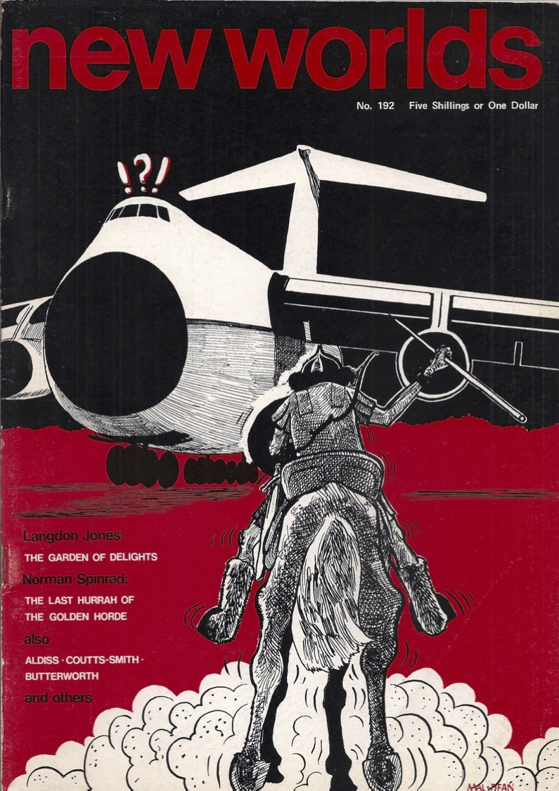 The cover of new worlds, with an image of a horse and rider and an aeroplane in red, black and white.