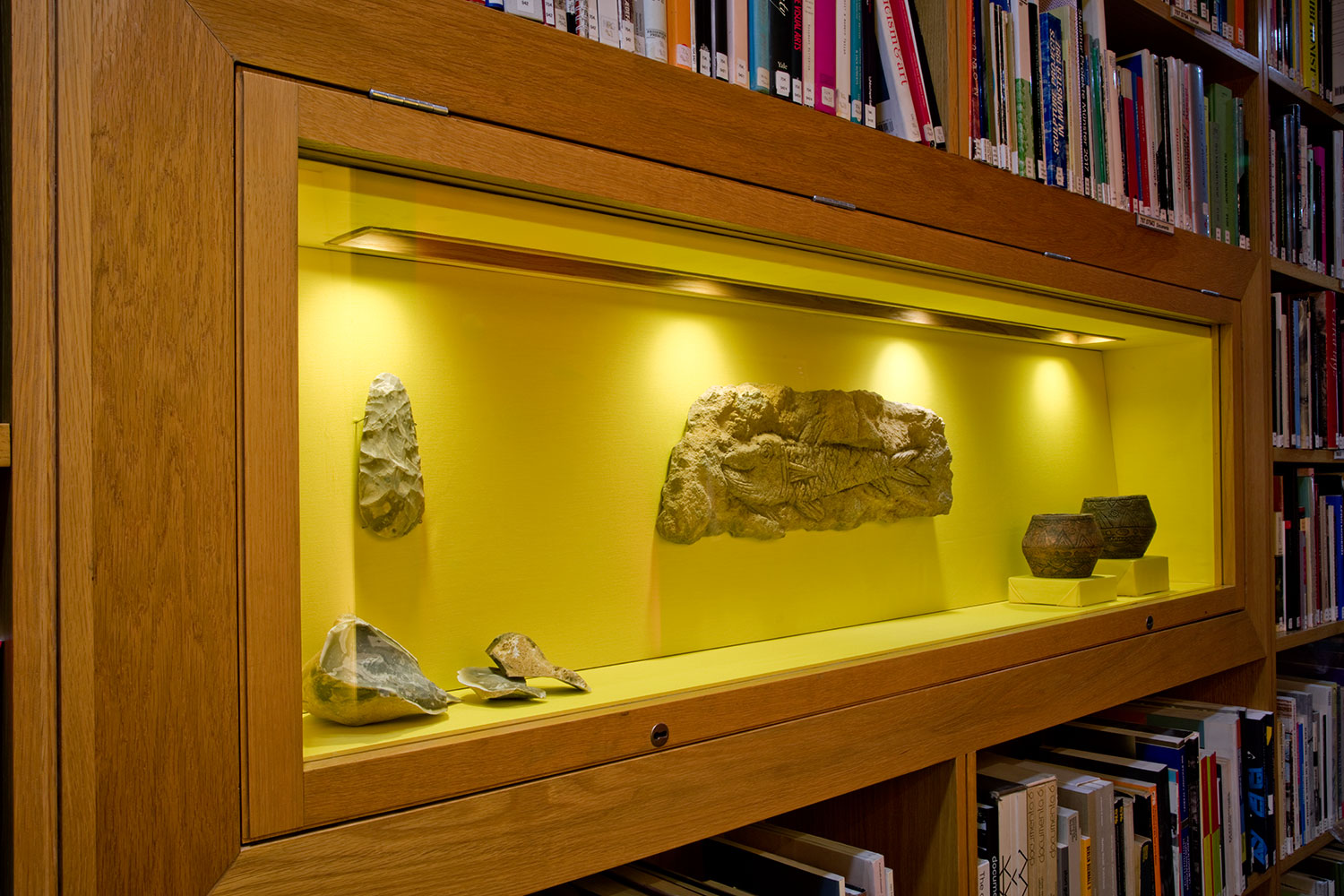 A vitrine set within a library, among shelves of books. The vitrine is wooden with a yellow background. Against the yellow a collection of objects are arranged: two bowls, a fossil and perhaps a flint head.