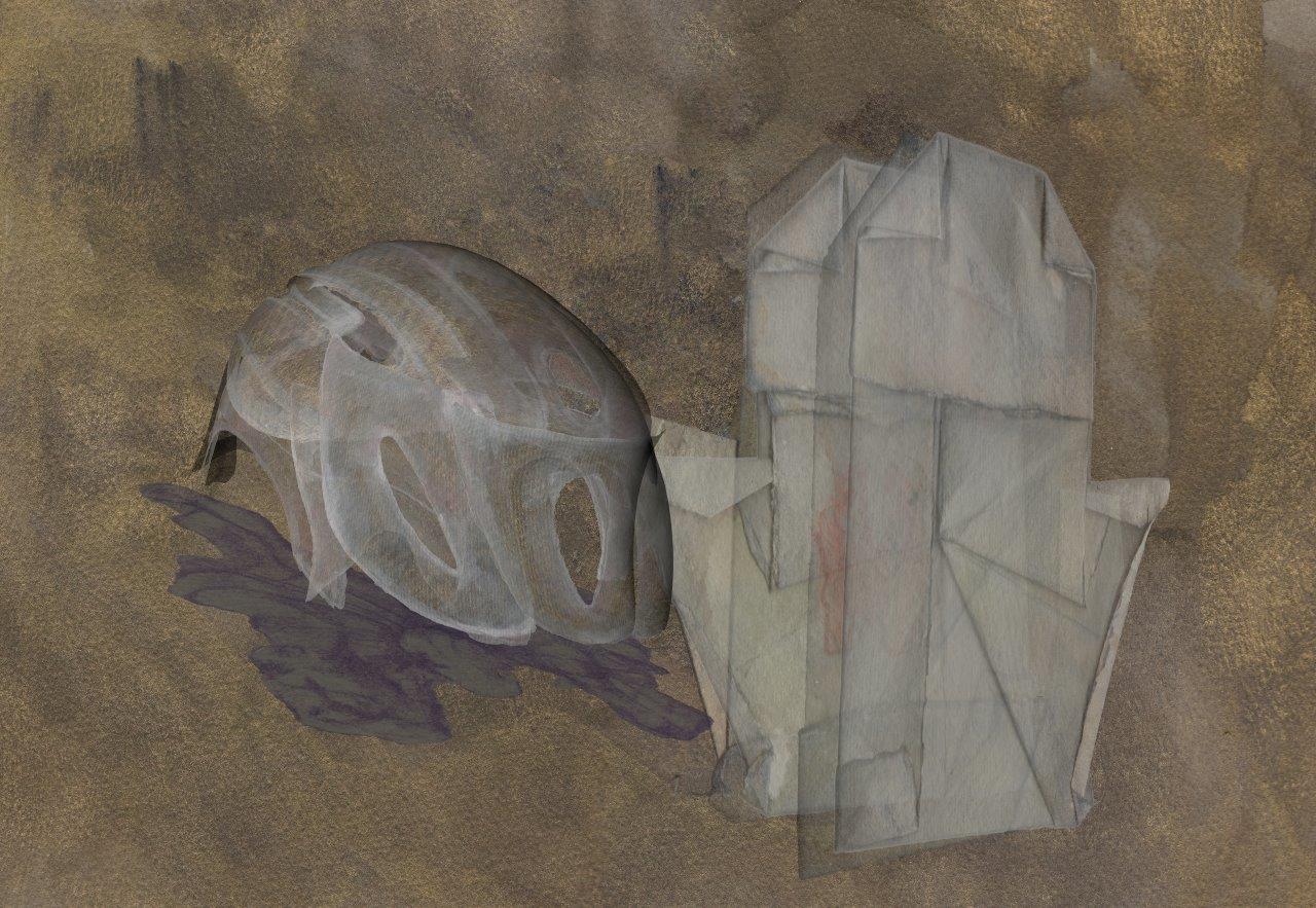 An abstract painting. The background is brown with brushstrokes in grey and white. Two objects are depicted, one looks a little like a cycle helmet, the other resembles folded paper.