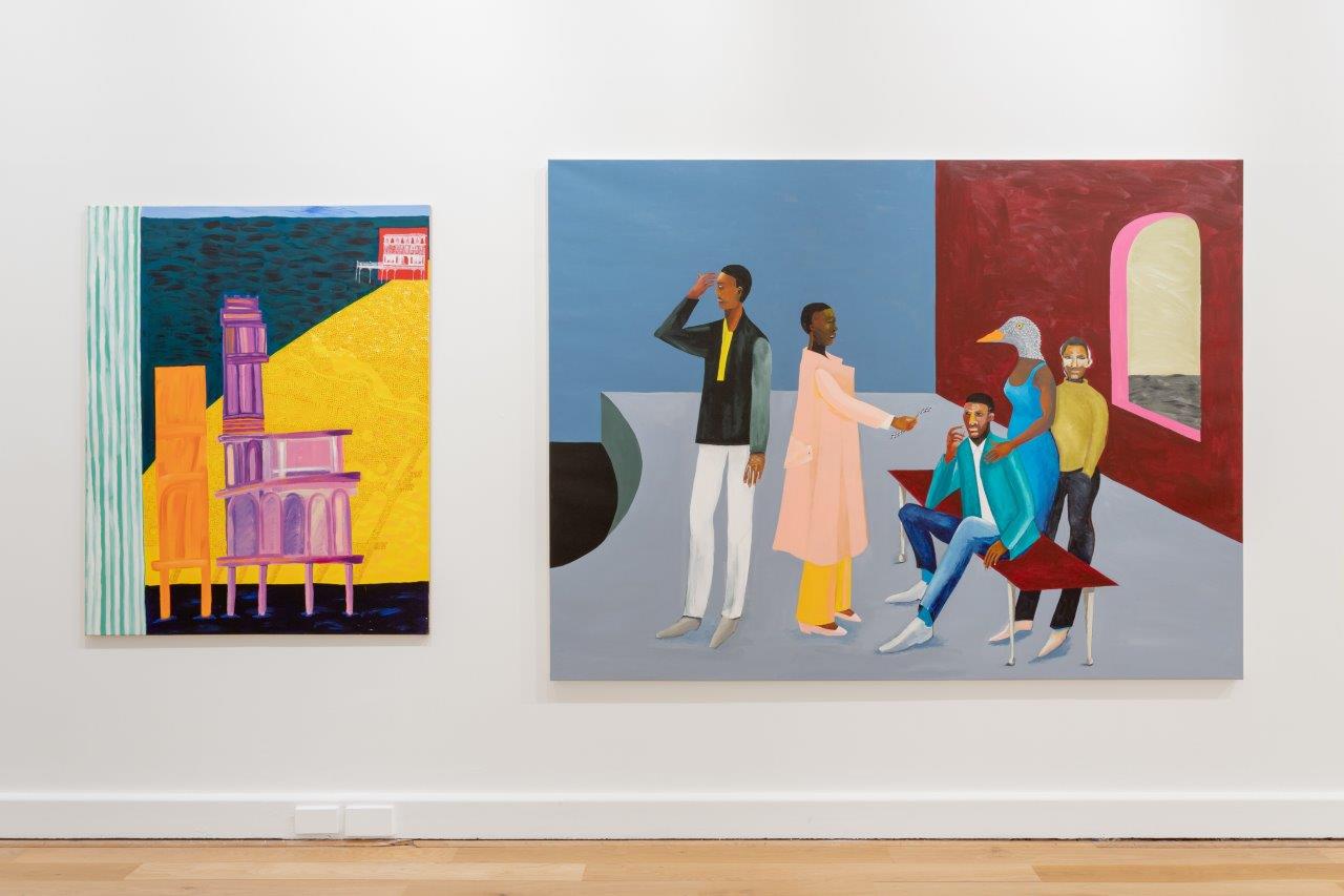Two colourful paintings hanging side by side in a gallery.