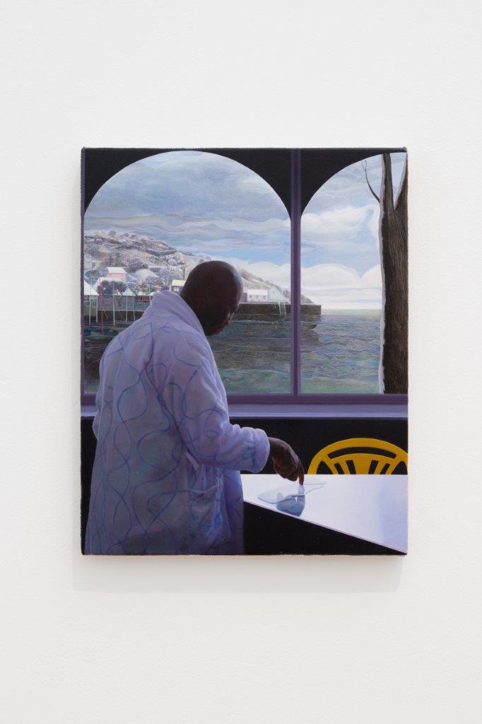 A painting showing a man in front of an arched window. Water and land is visible outside of the window.