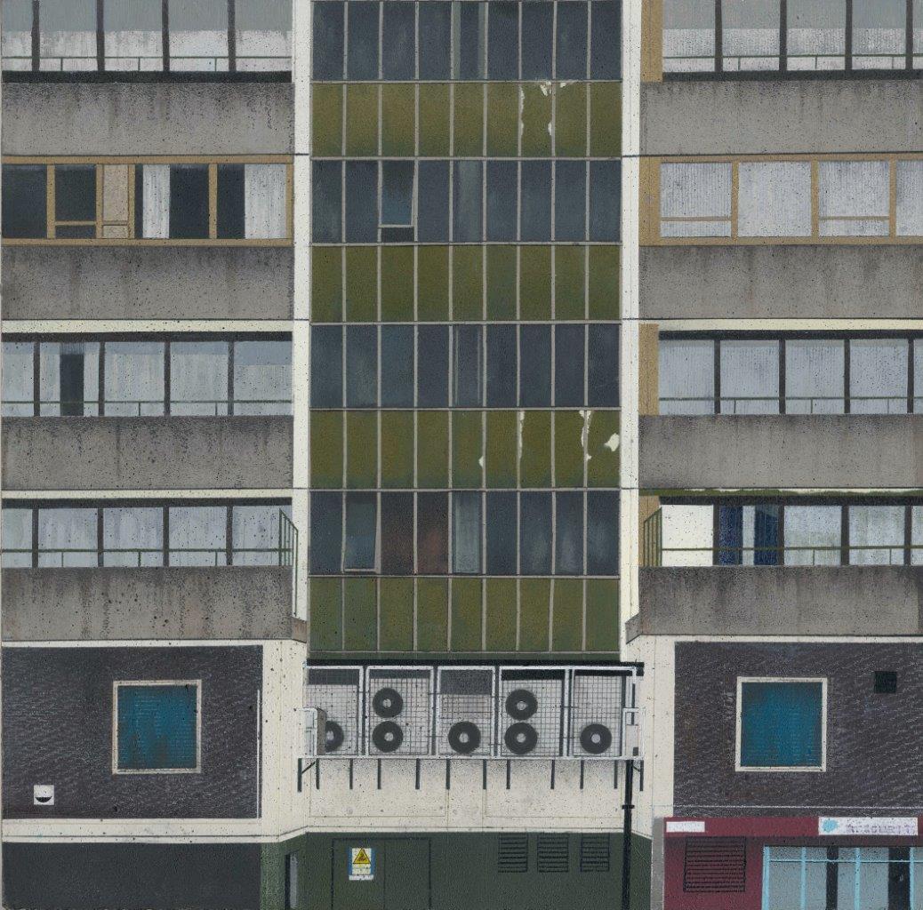 A painting of the facade of a block of flats, with repeated windows, doors and balconies.