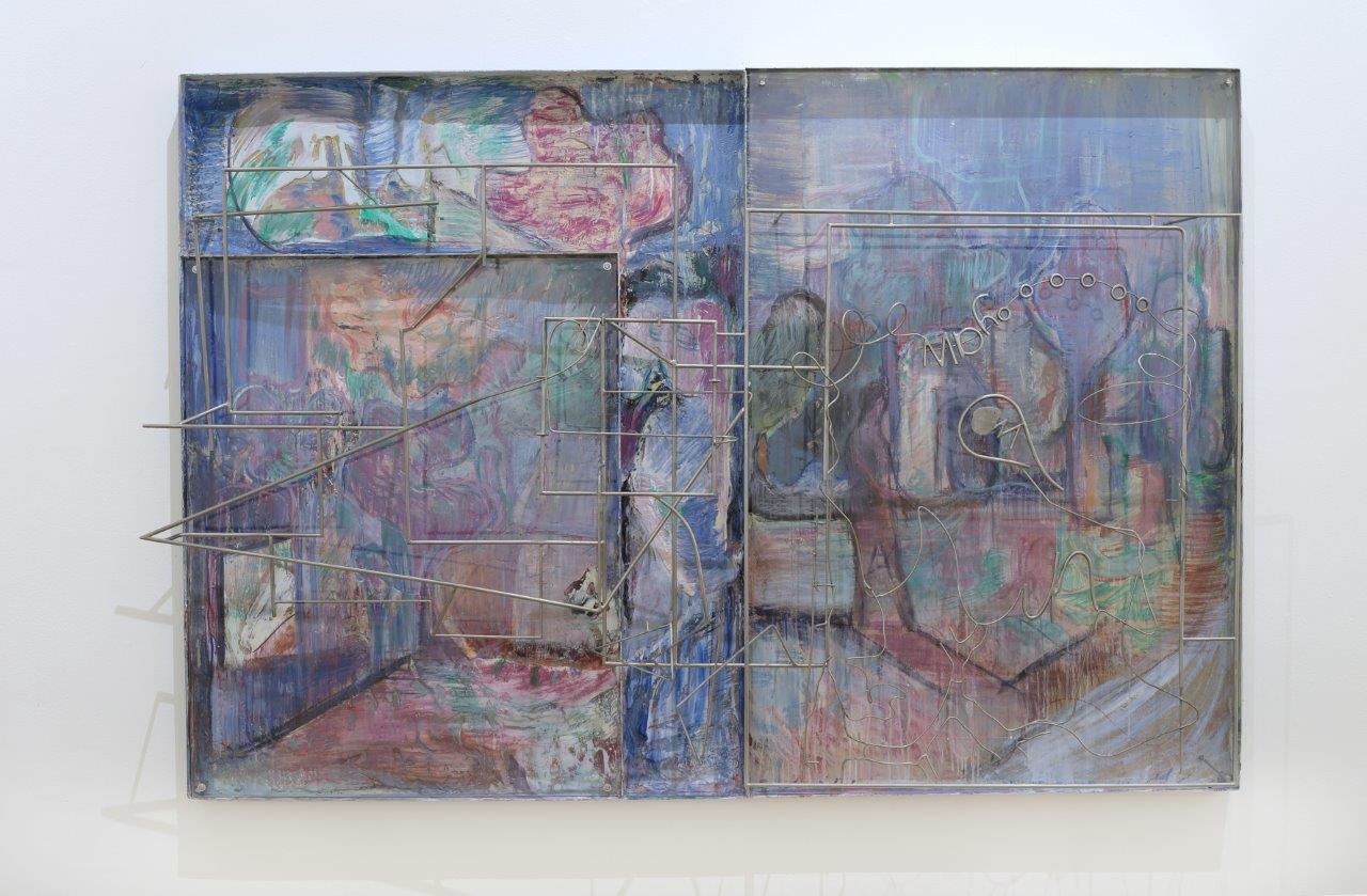 A large sheet of aluminium painted in shades of purple, pink, blue and green. Over the top of the painted surface stainless steel rods, form a connected in a geometric pattern.