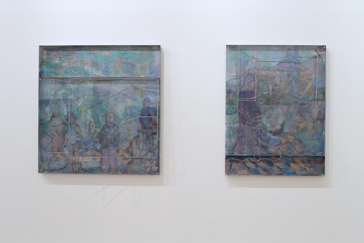Two sheets of aluminium painted in shades of purple, blue and green. Figures can be made out among the shapes and brushstrokes. Over the top of the painted surface stainless steel rods, form a connected in a geometric pattern.