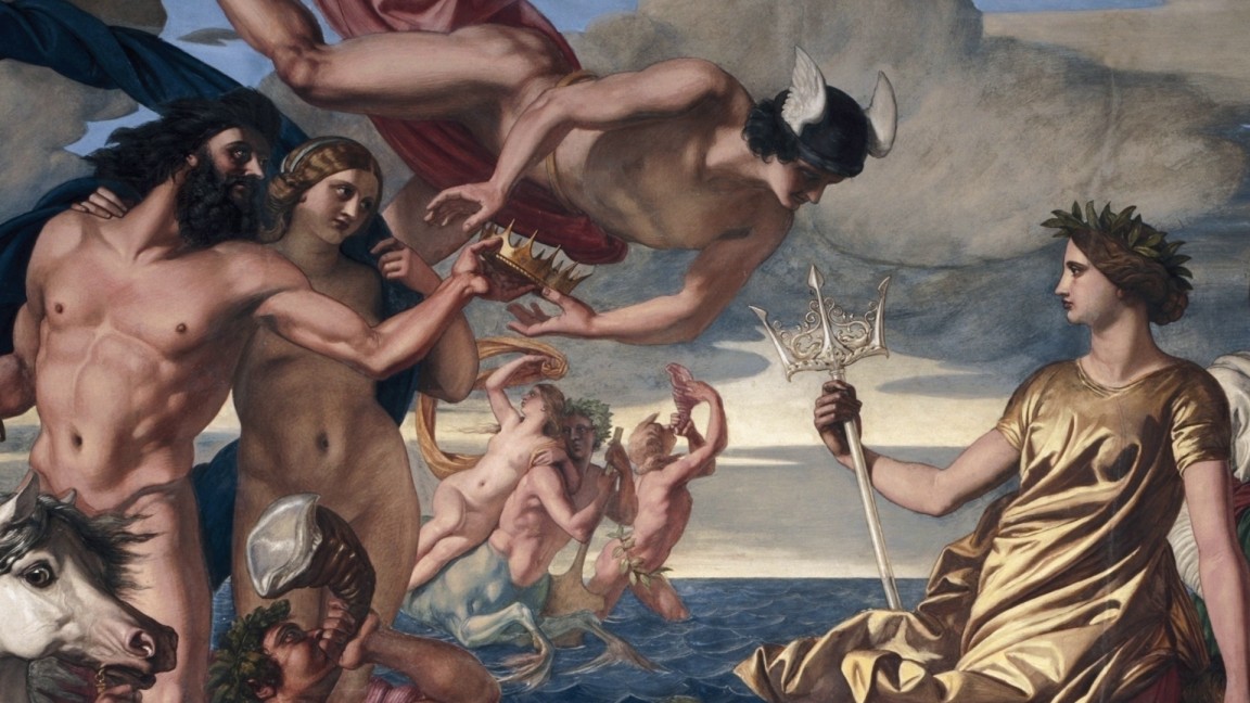 A classical looking oil painting of white muscular, semi-clad figures acting out a scene from ancient mythology. One figure is wearing a golden frock and is holding a trident. The others are frolicking around in the sea. The figure with the wings on their head is flying, about to take a golden crown from the muscled man.