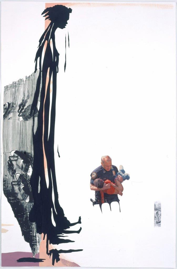 Kara Walker, 'Girl' (2006). A mixed media collage with a silhouette of a tall weeping woman looking down at a cut-out of a uniformed male rescue worker holding a small child in his arms. 