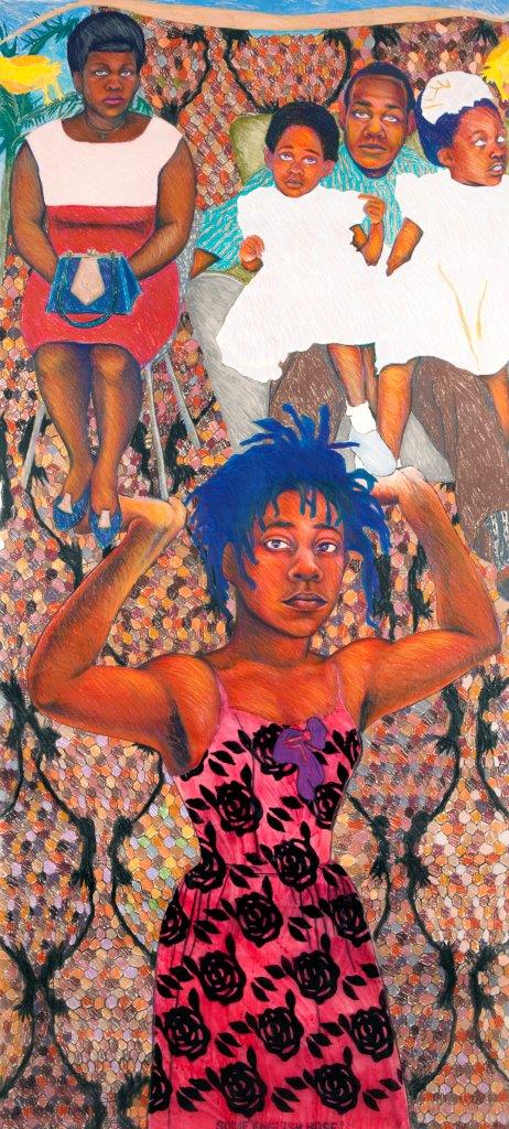 Sonia Boyce, 'She Ain’t Holding Them Up, She’s Holding On (Some English Rose)', 1986. A young woman gazes out at the viewer while holding her arms up to support a family group wearing Sunday best clothing. She wears a pink dress patterned with black roses and stands against a mosaic background. 