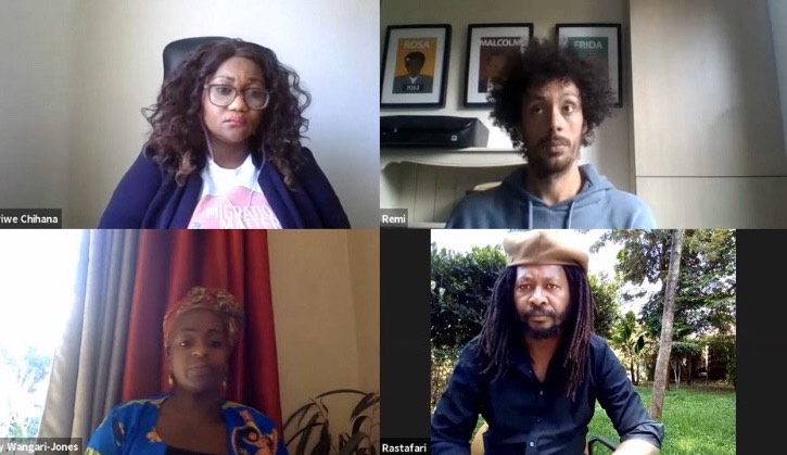 Four people are shown on a Zoom call as part of Resist, Remember, Repair discussion for Migration Matters Festival