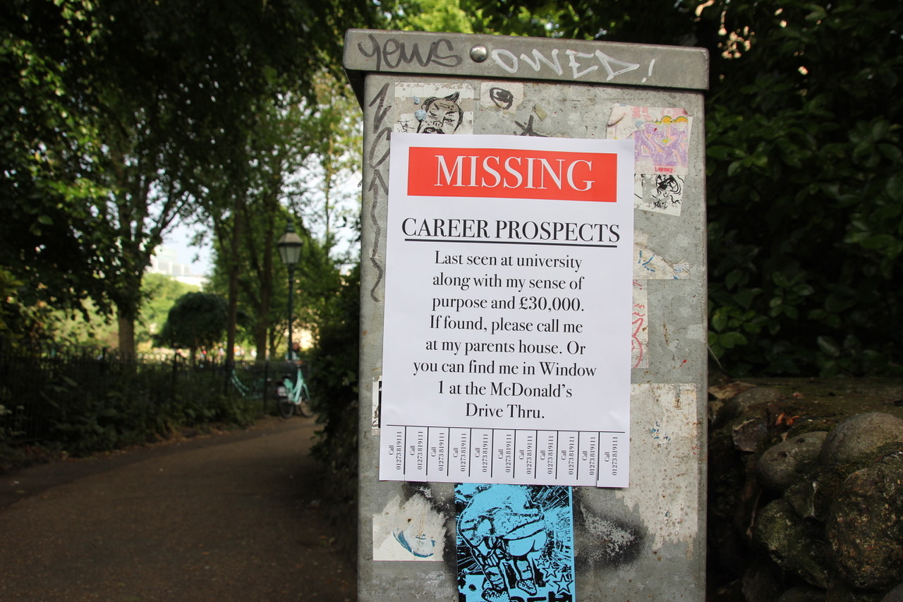 A silver electricity mains box on a quiet country lane. Stuck to the side of the box is a 'MISSING' poster that humorously discusses the missing career prospects of the artist.