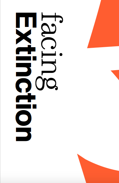 A white cover page with an orange graphic design and the title facing Extinction in black
