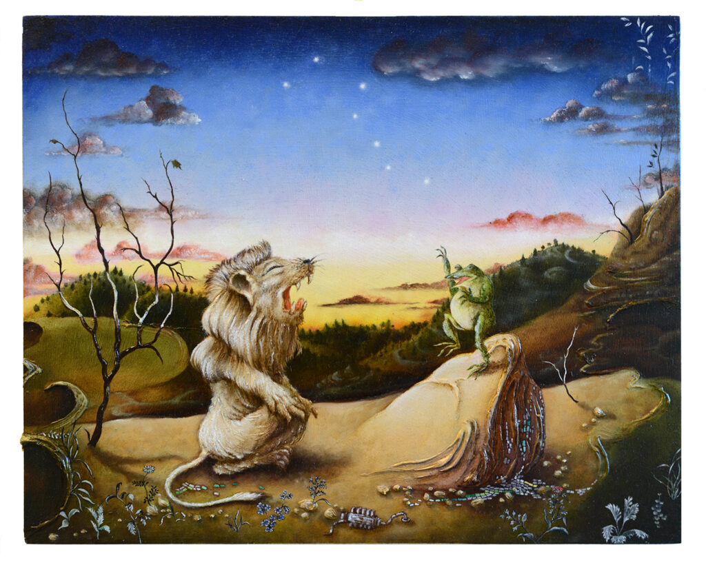 A frog, stood upright on a rock, confronts a lion sat on its hind legs in front of a starry sky as dawn, or fire, breaks over the horizon.