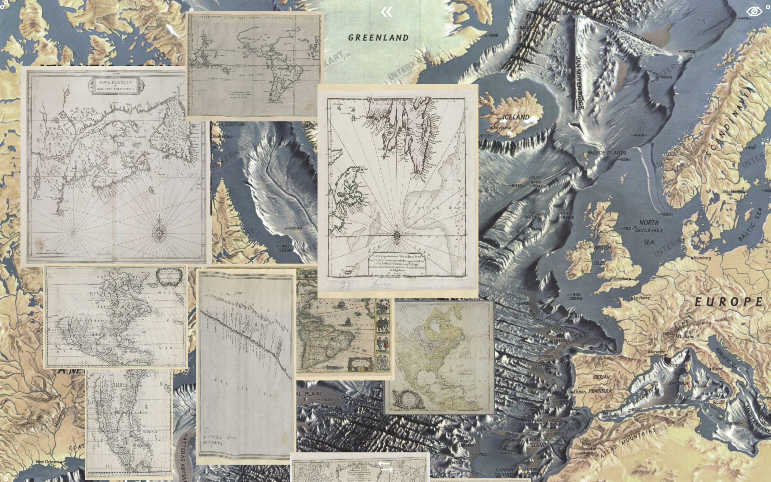 A map of the Atlantic Ocean showing detailed nautical charts of the same area laid on over the top of it.