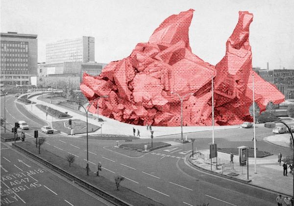Graphic of a pink geometric sculpture in a Bradford cityscape