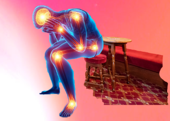 A figure on a bar stool is hunched over, with flashes representing pain at each joint and in the skull