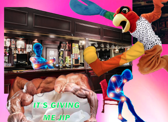 A collage showing a bar full of different figures set against a pink gradient background - two figures appear with lights on their joints to simulate joint pain, one is dressed as a parrot leaping from the right hand side, and one is formed from a number of muscular arms with the text 'It's giving me jip' overlaid onto it.