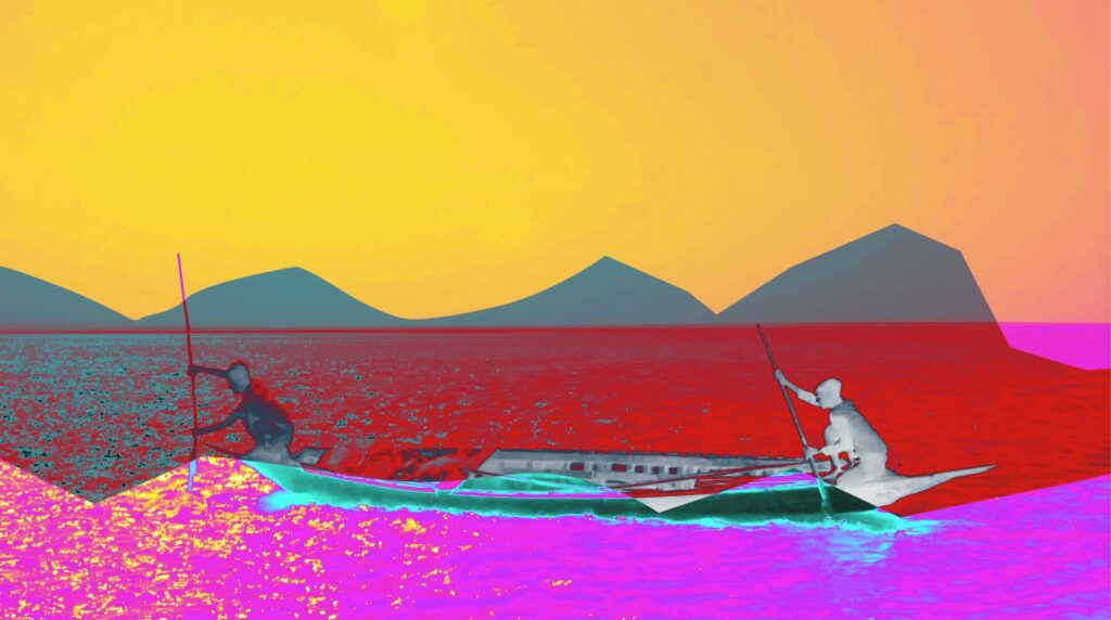 A high saturation image of a boat being rowed by two people in a body of water, with mountains in the backgroud.