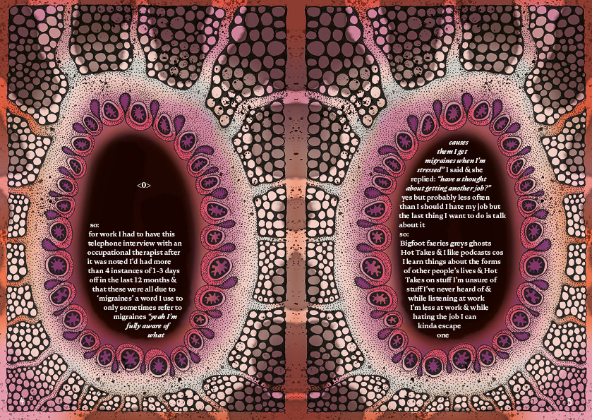 Two pages featuring poem text floating in cell-like illustrations in reds and orangue hughes.