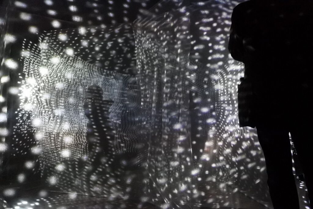 A shadow of a person stands in a light and sculptural installlation.