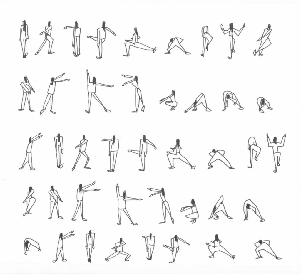 A drawing of 42 stick figures, laid out in a grid formation, each showing a different position or dance move.
