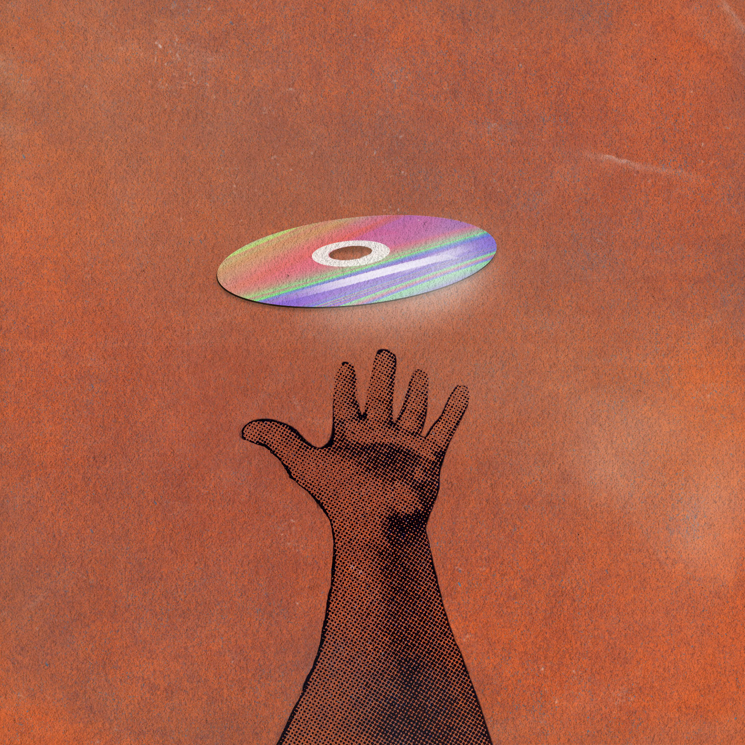 An illustration of a hand reaching out toward a shiny CD disc, against a warm orange background.