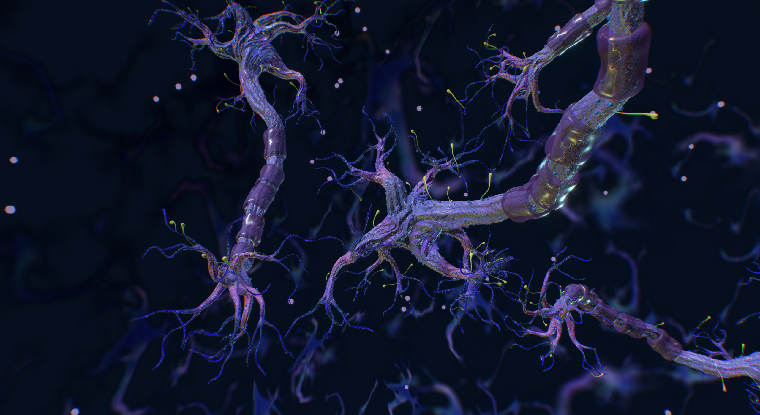 A computer generated or enhanced microscopic image of human tissue. light pink and purple strands, knotty and with fine tendrils seem to float in a dark blue space. the microbial strands glow with a mysterious light and stand out against the murky backdrop. Similar material is floating in the background, out of focus. The image is etherial and fantastical.