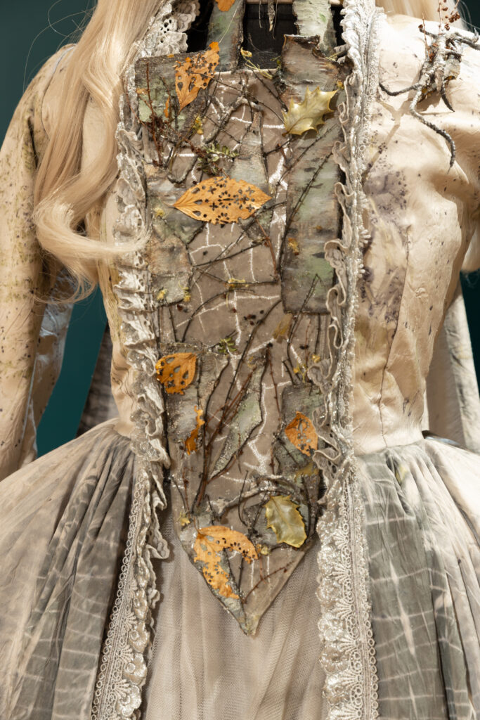 A close up view of a traditional dress can be seen, with leaves and twigs sewn into the chest area.