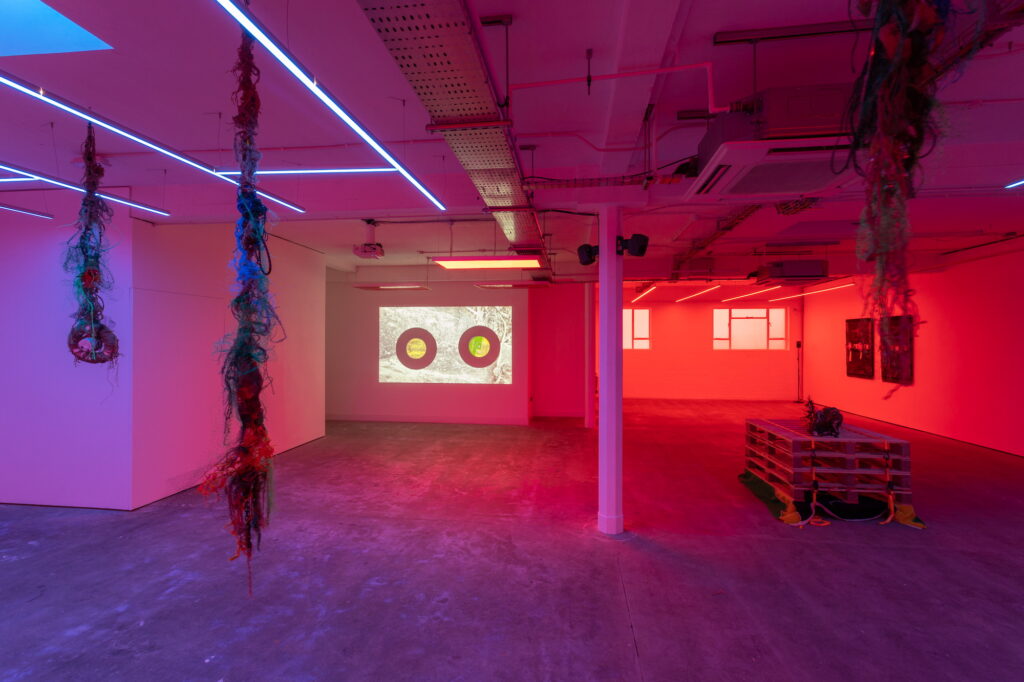 A red tinted gallery space with a projection of records and red flotsom garlands hangning from ceiling
