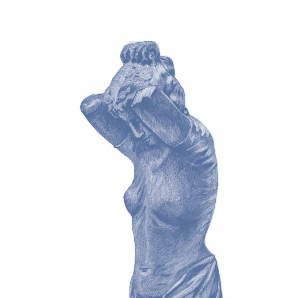 a drawing in monochrome blue of a nude female figure