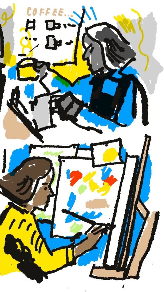 Illustration by Millie Chesters showing a figure completing a series of different tasks in two panels