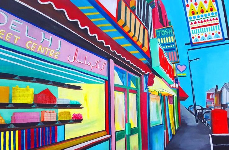 A painting in vibrant colours of a street of restaurants and sweet shops.