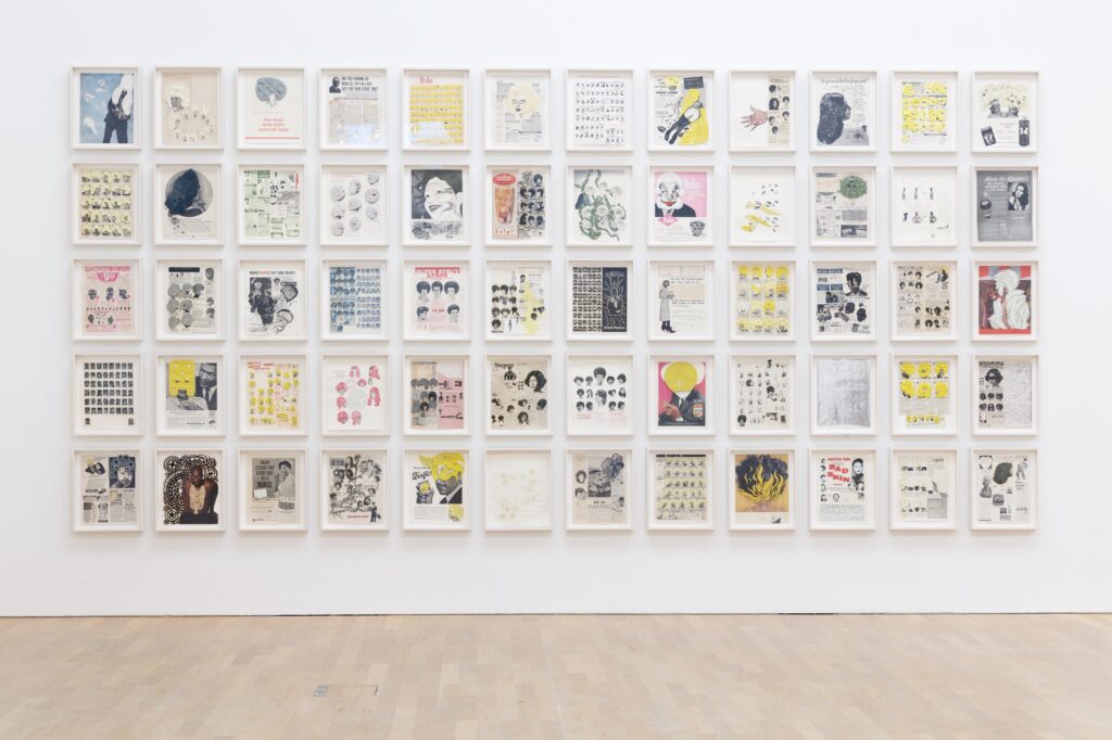 A grid of white-framed images on a white wall, each a collaged or manipulated 1930s-70s advert for Black hair products.